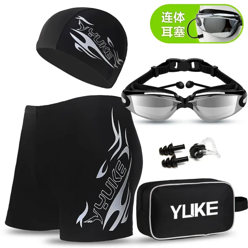 Black men's swim gear set including a cap, goggles, and earplugs
