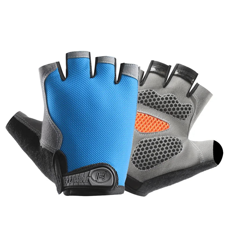 A pair of breathable anti-slip fingerless gloves in blue and gray for sports and outdoor activities