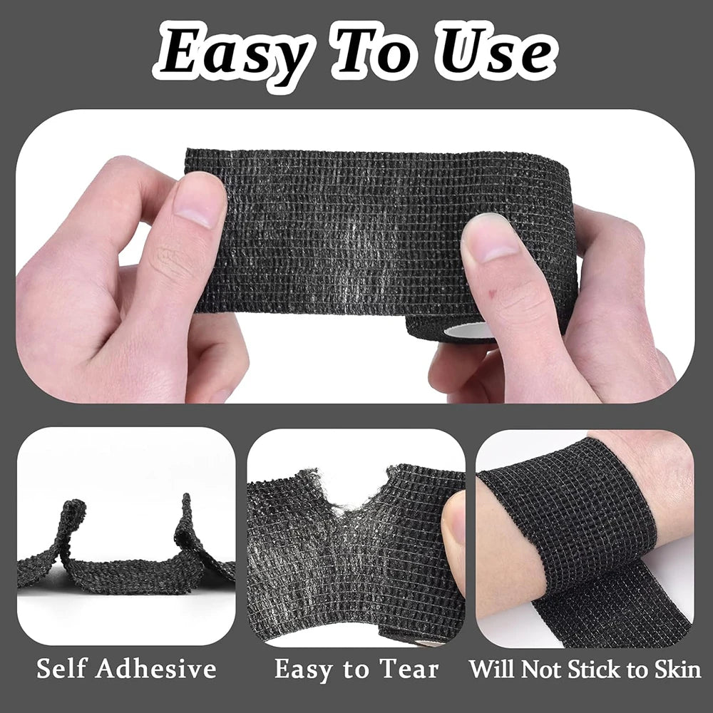 Hands demonstrate the easy to use black self-adhesive tattoo grip tape product.