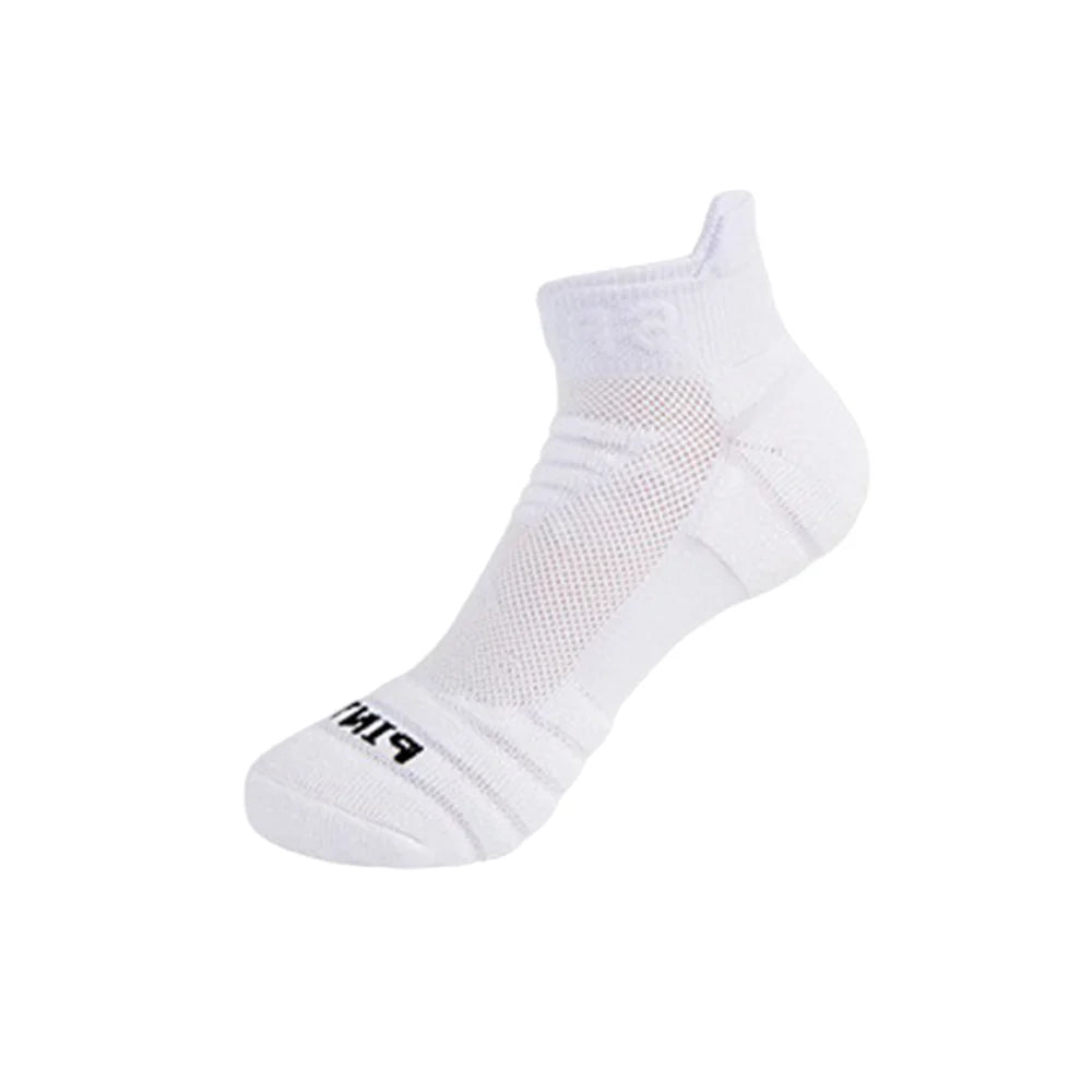 White athletic ankle socks with a mesh design shown from the side.