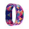 A colorful stretch wristband bracelet featuring a geometric pattern of pink, purple, blue, and orange hues.
