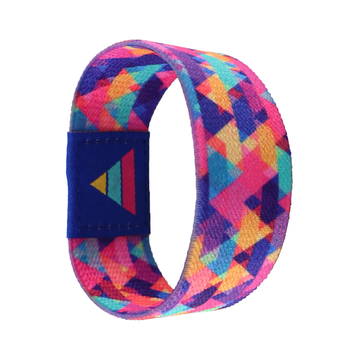 A colorful stretch wristband bracelet featuring a geometric pattern of pink, purple, blue, and orange hues.