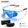 A pair of blue polarized sports sunglasses with white frames and a black case are shown.