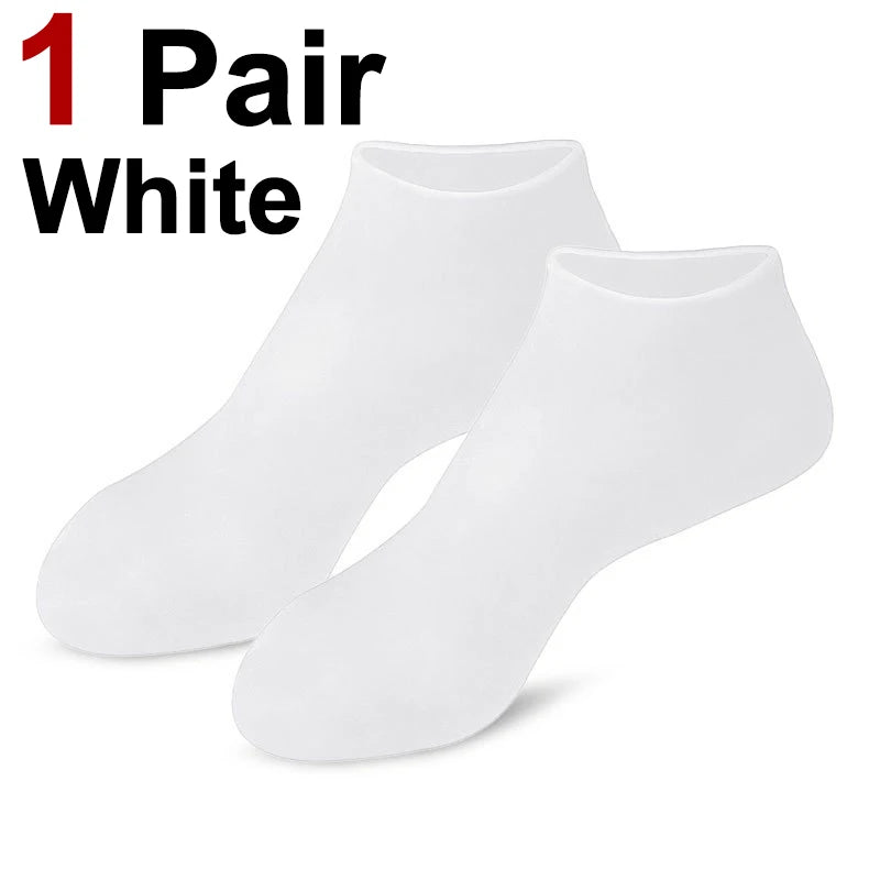 One pair of white silicone moisturizing socks for cracked feet.