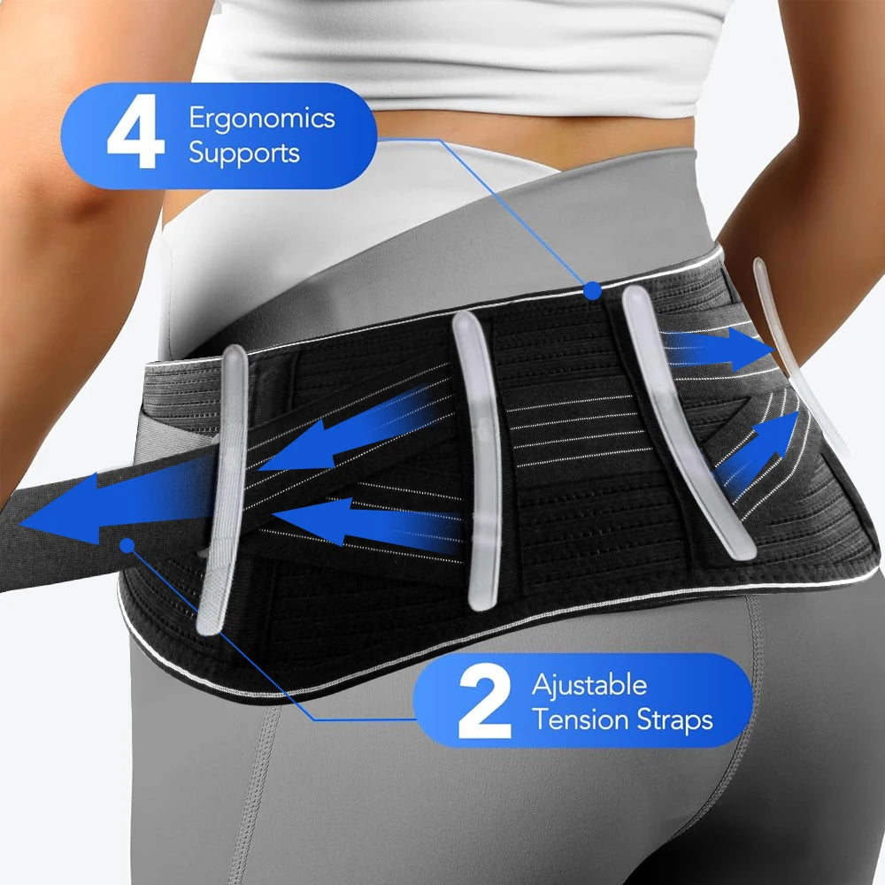 Gros plan d'une ceinture de soutien noire réglable portée autour du bas du dos, mettant en évidence les supports ergonomiques