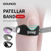 A Gaunod patellar band defense strap is shown being applied to a person's knee.