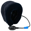 A dark blue inflatable cervical traction stretcher with a black cord and blue connector.