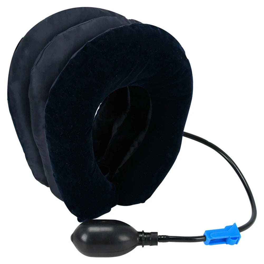 A dark blue inflatable cervical traction stretcher with a black cord and blue connector.