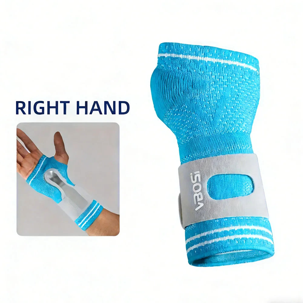 A bright blue wrist and palm support brace shown on a right hand, with an inset showing the application.