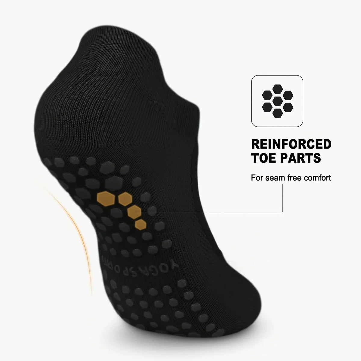 Black non-slip yoga socks featuring reinforced toe parts for seam-free comfort