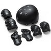 A black protective gear set for kids including a helmet and pads for skates and scooters.