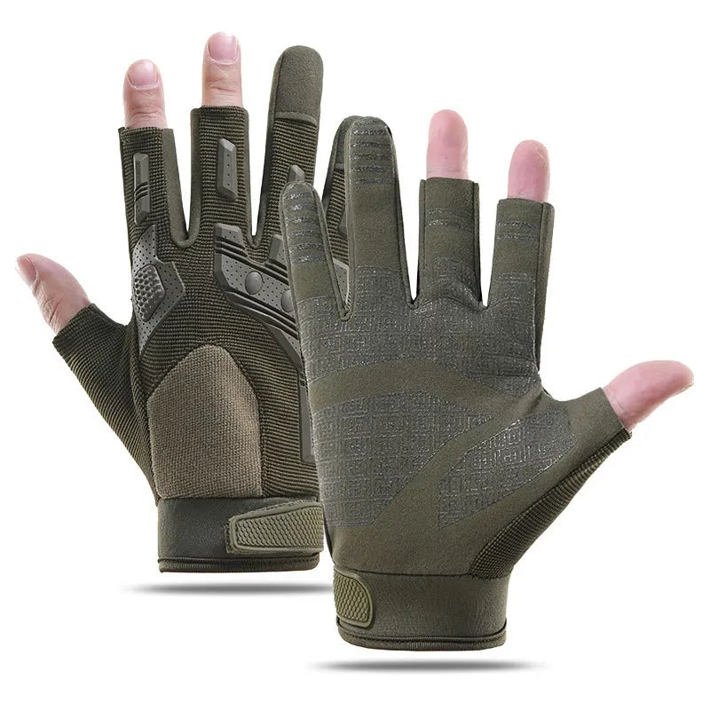 A pair of olive green tactical anti-slip outdoor gloves shown against a white background.