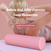 A pink hexagonal foam roller is shown in the context of a person performing deep relaxation exercise.