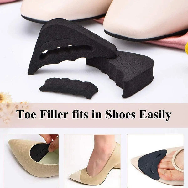 Black foam toe filler pads shown fitting into a shoe and on a foot.
