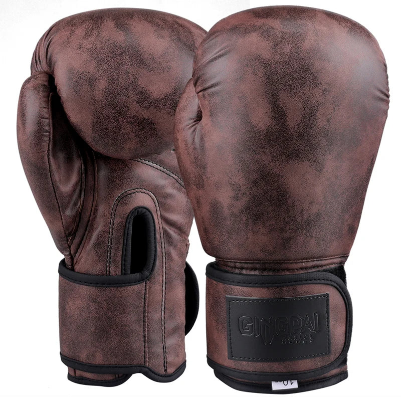 Pair of brown PU leather boxing gloves for MMA and Muay Thai