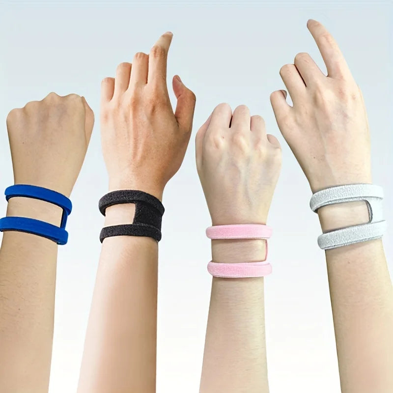 Five hands demonstrate an elastic pressure wrist strap for carpal tunnel relief in various colors.