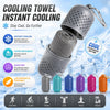 A gray instant cooling towel is shown with various colored versions and sports activities like running, cycling, hiking, gym,