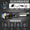 Tactical LED flashlight showing power indicator levels from 25% to 100% and various charging methods.
