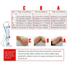 Diagram showing sizes S to XXXL of therapeutic compression sleeves for vein support on the ankle, calf, and thigh.