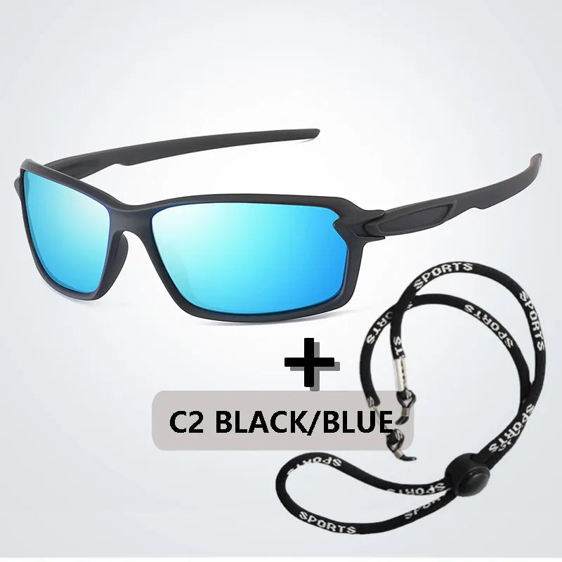 Black and blue polarized sports sunglasses with a black adjustable strap shown against a white background.
