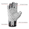 A black fingerless sun glove with an easy off pull tab and anti-lost button for outdoor activities.