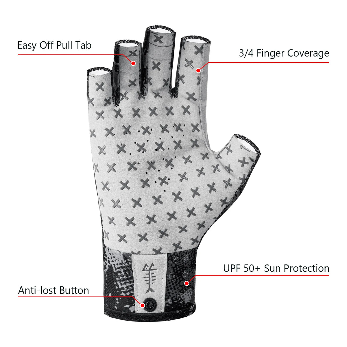 A black fingerless sun glove with an easy off pull tab and anti-lost button for outdoor activities.