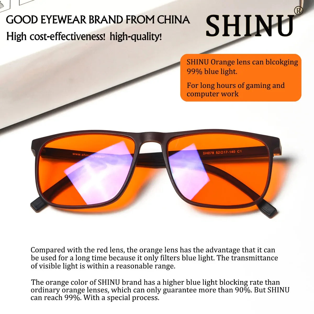 Orange lens blue light blocking glasses shown on a white background