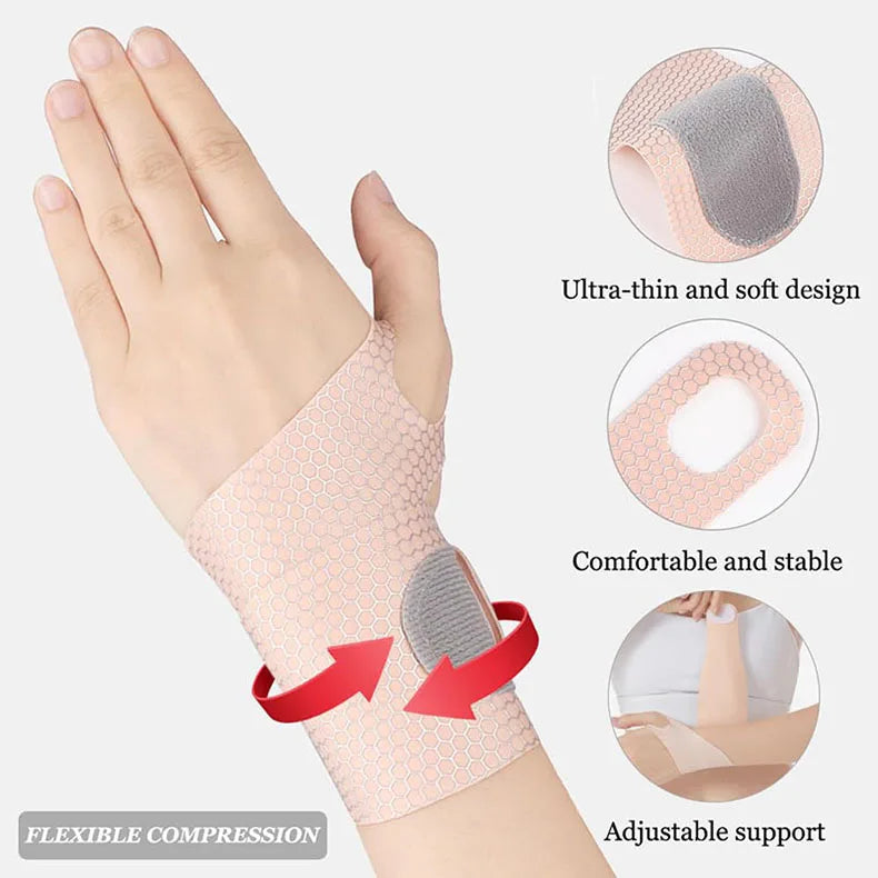 A hand wearing a pink flexible compression wrist guard for joint support, showing its ultra-thin design and adjustable fit.
