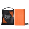 A black bag containing an orange microfiber towel next to a folded orange microfiber towel.