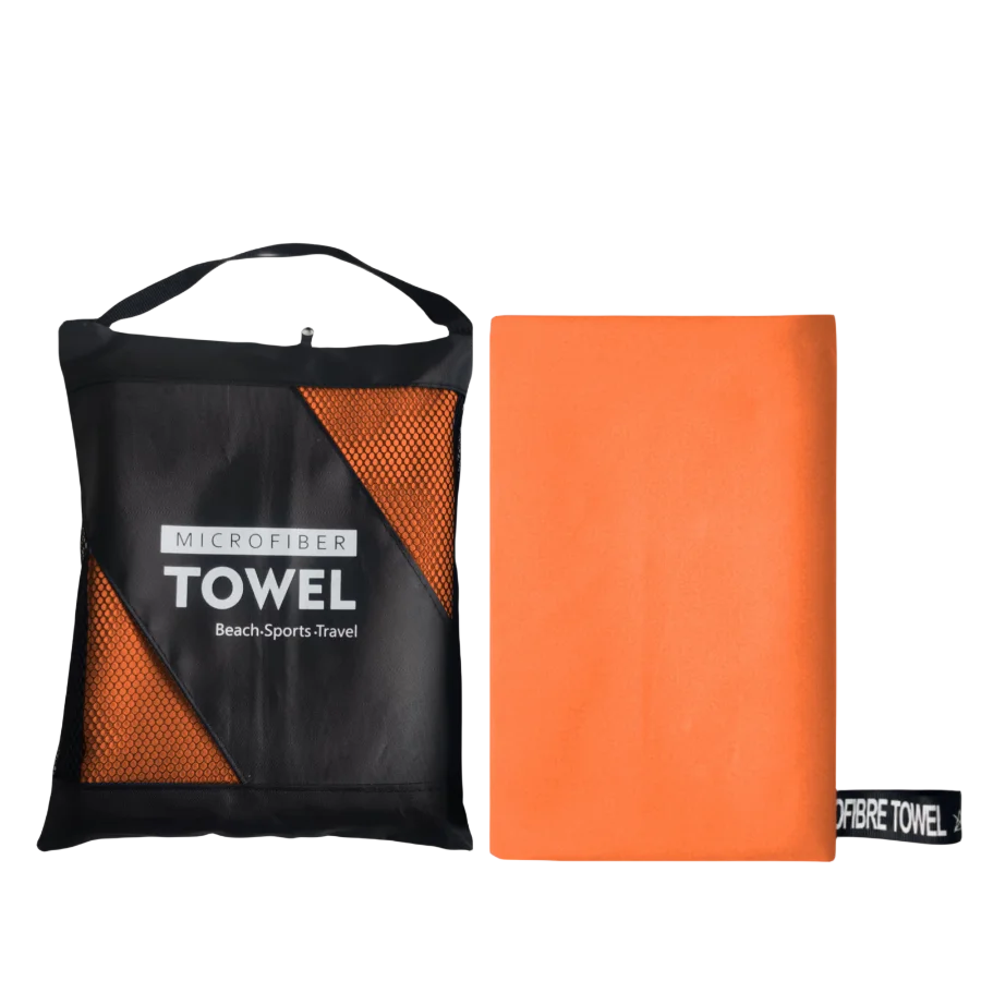 A black bag containing an orange microfiber towel next to a folded orange microfiber towel.