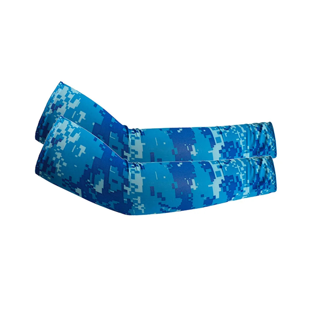 Blue and gray camouflage patterned cooling arm sleeves for UV protection