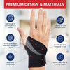 Black adjustable wrist support brace designed for hand pain relief, featuring breathable neoprene and nylon blend.