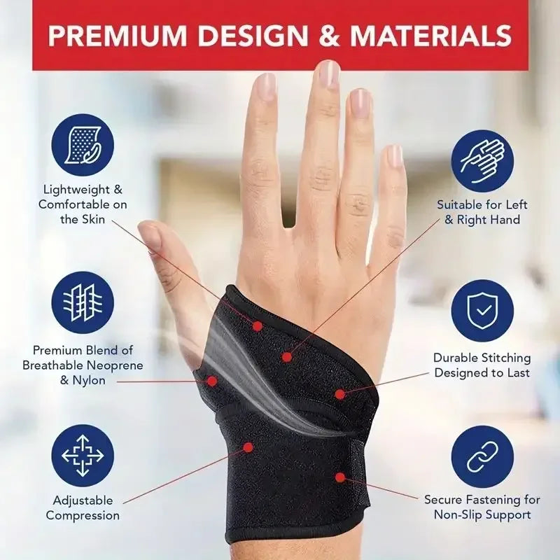 Black adjustable wrist support brace designed for hand pain relief, featuring breathable neoprene and nylon blend.
