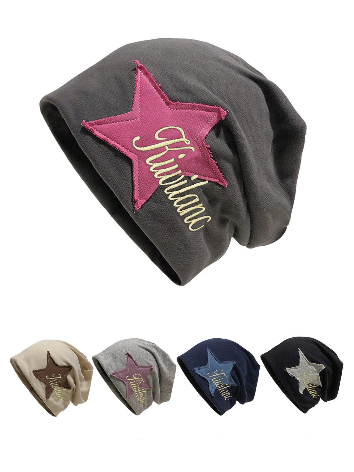 Embroidered Star-Patch Beanie Hat