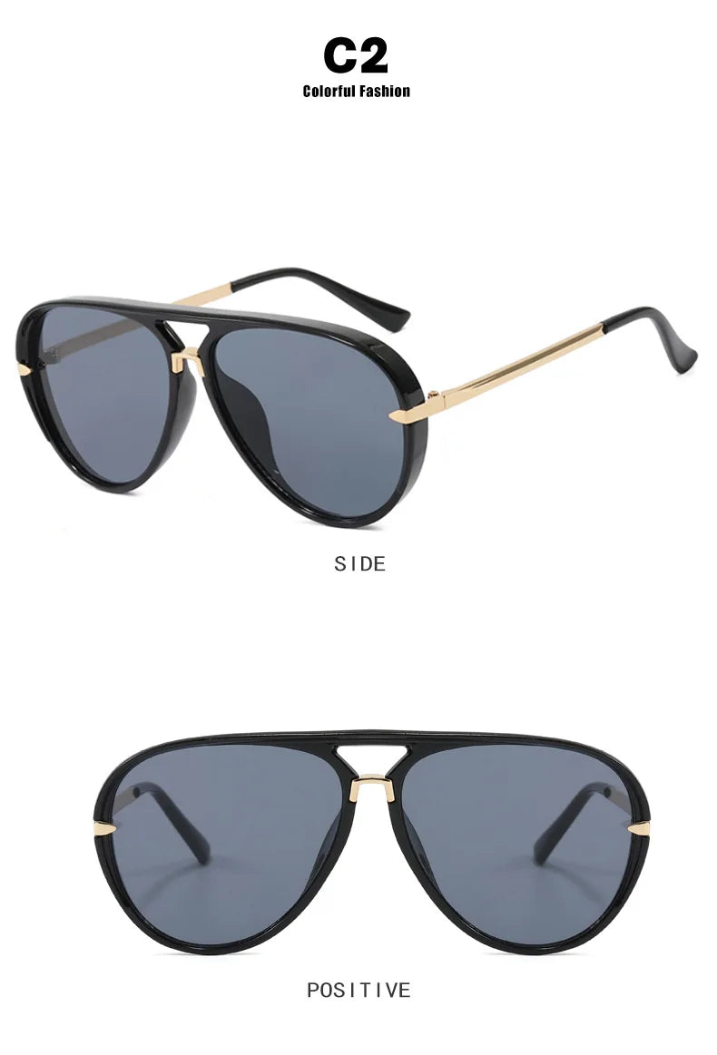 Black sunglasses with gold accents shown in side and positive views.