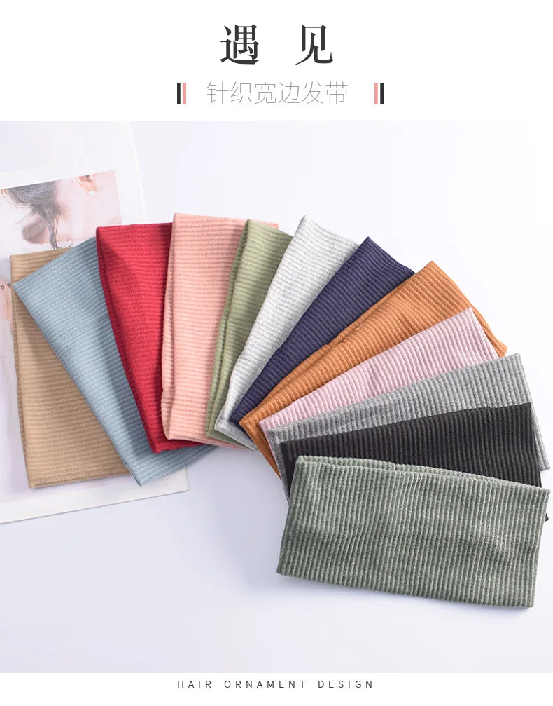 A collection of soft cotton knitted headbands in various pastel and earth tones displayed on a white background.