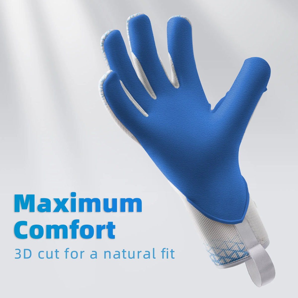 Blue goalkeeper glove showing a 3D cut for a natural fit