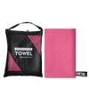 A black microfiber towel bag with a pink towel inside, next to a solid pink microfiber towel.