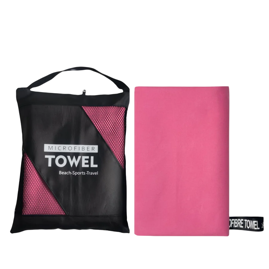 A black microfiber towel bag with a pink towel inside, next to a solid pink microfiber towel.