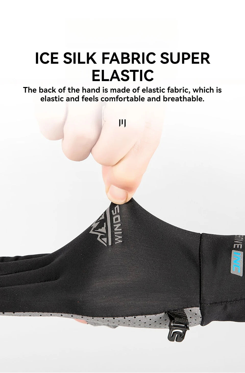 Close-up of black ice silk fabric gloves showing the elastic back and finger texture.