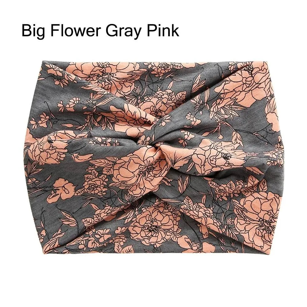 Bandeau en tissu floral gris et rose noué en torsion