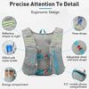 Gray ergonomic backpack with reflective strips, hose straps, and compartments for water bottles and a mobile phone.