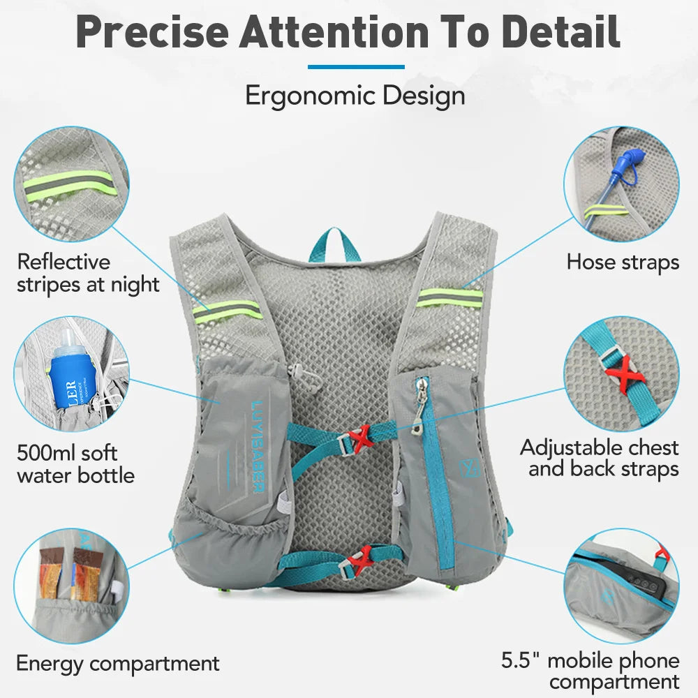 Gray ergonomic backpack with reflective strips, hose straps, and compartments for water bottles and a mobile phone.