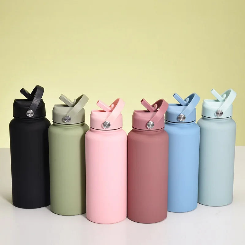 A set of five stainless steel vacuum flask water bottles in various pastel colors with lids and straws.