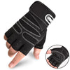 Black breathable fingerless sports gloves with wrist support shown on a hand.