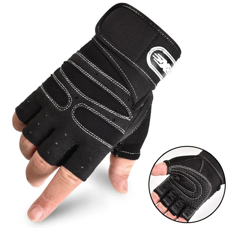 Black breathable fingerless sports gloves with wrist support shown on a hand.