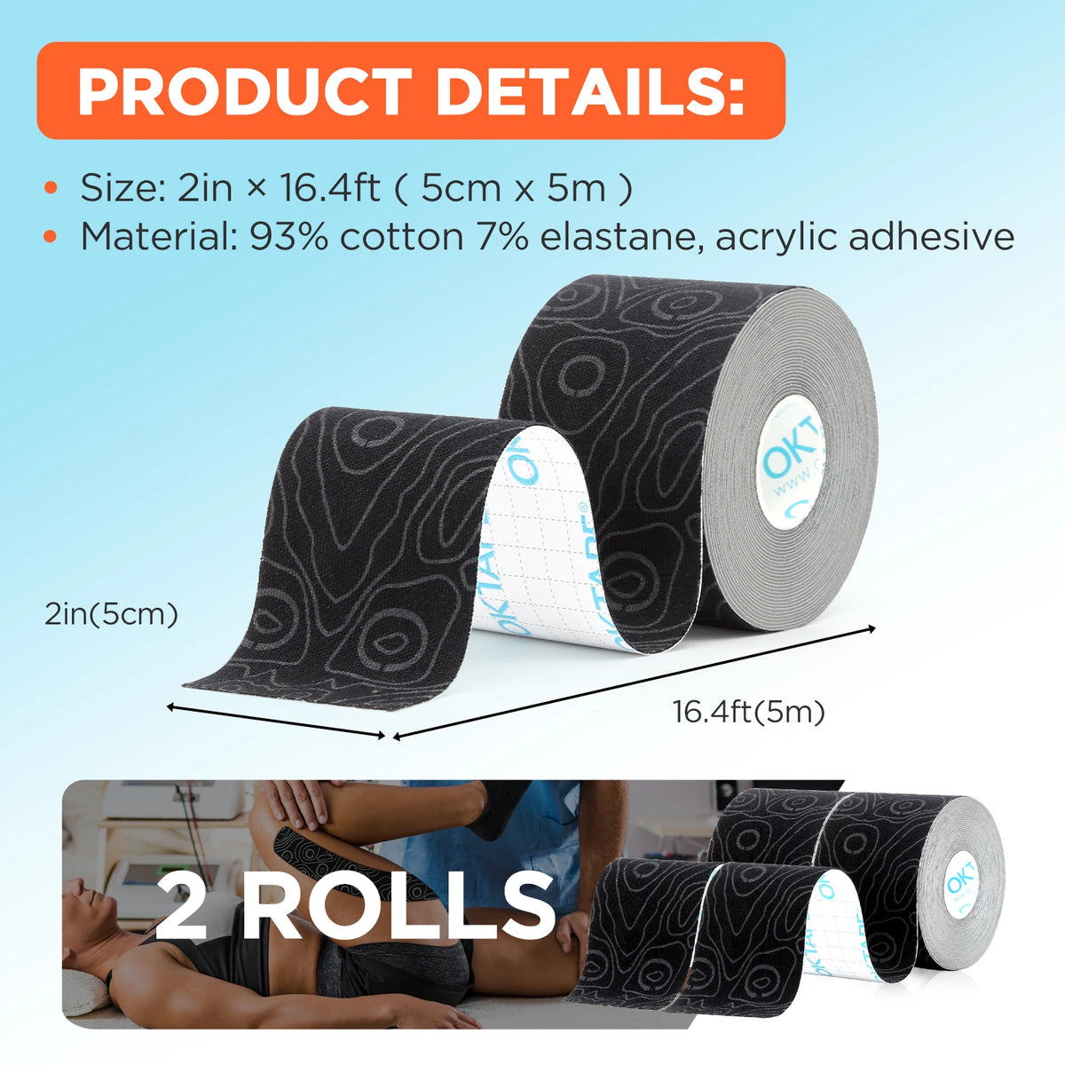Two rolls of black kinesiology tape are shown next to a person's arm for therapeutic use.