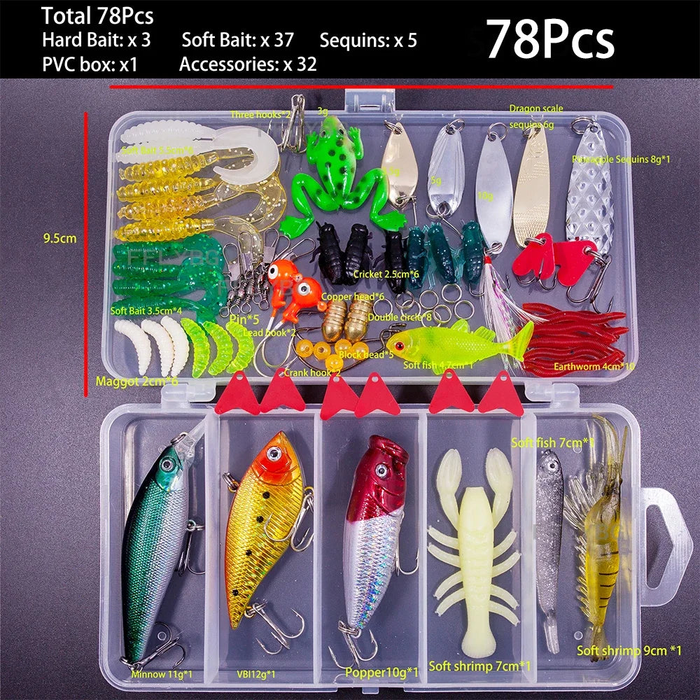 A kit of 78 fishing lures including hard baits, soft baits, sequins, and accessories packaged in a clear plastic box.