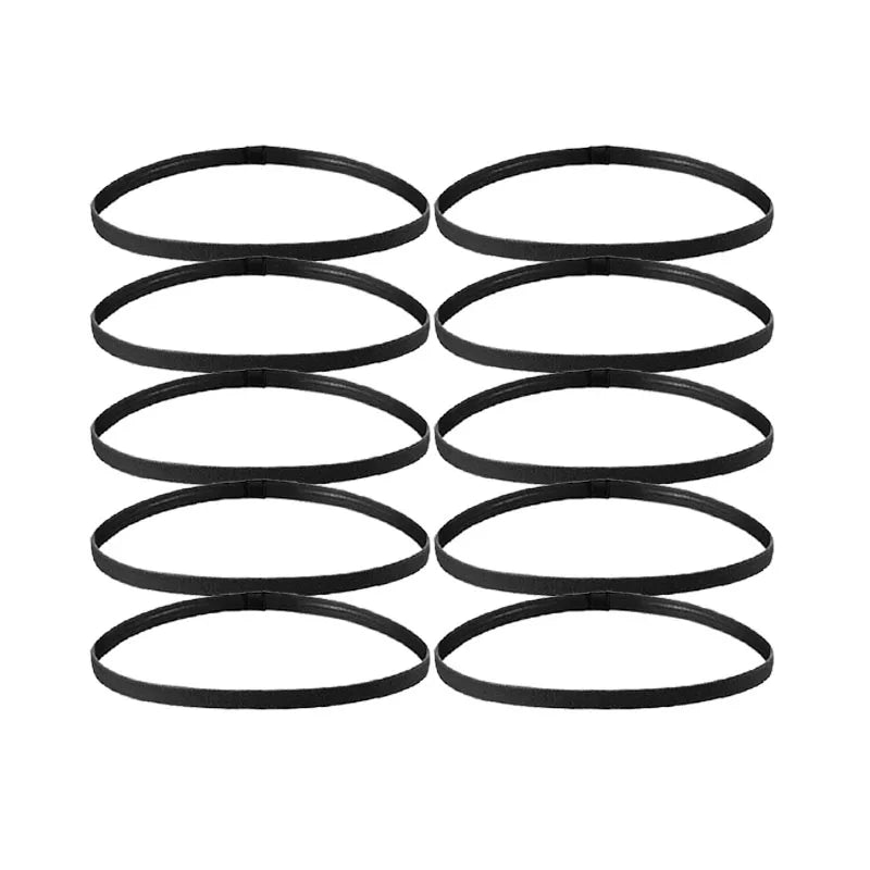 A set of five black multi-functional elastic sports headbands laid out on a white background.
