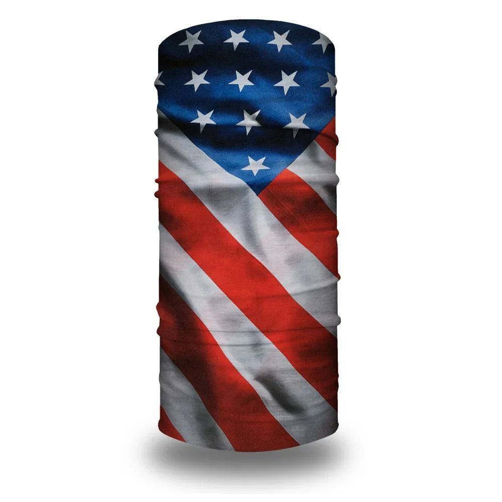 A tube bandana or head wrap featuring the design of the American flag.